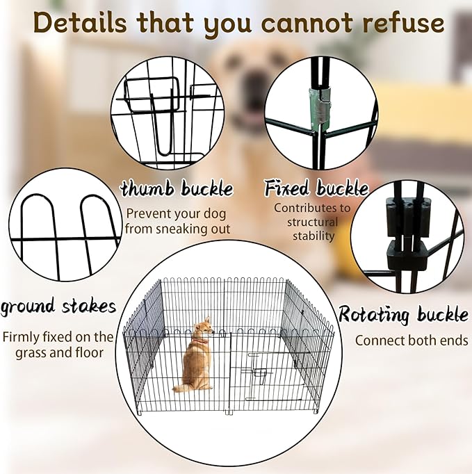 Foldable Metal Dog Playpen, Portable Pet Pen Puppy Exercise Pens 8 Panels Small/Medium Dogs Fence for Yard Indoor&Outdoor RV Travel Camping with Doors for Cat Rabbit Hedgehog