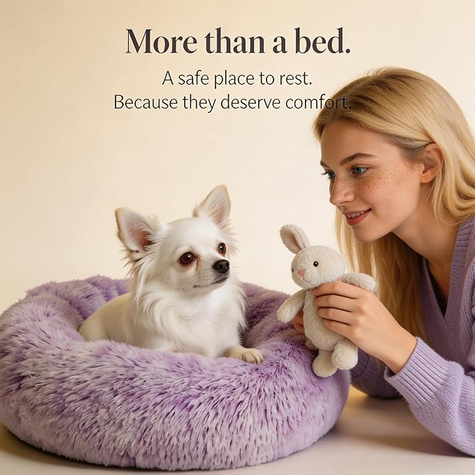 Calming Donut Dogs Beds for Small Dogs Washable,19inch Fluffy Round Puppy Bed for Puppies,Cats & Toy Breeds with Raised Rim,Fits up to 15 lbs Pets,Gradient Purple
