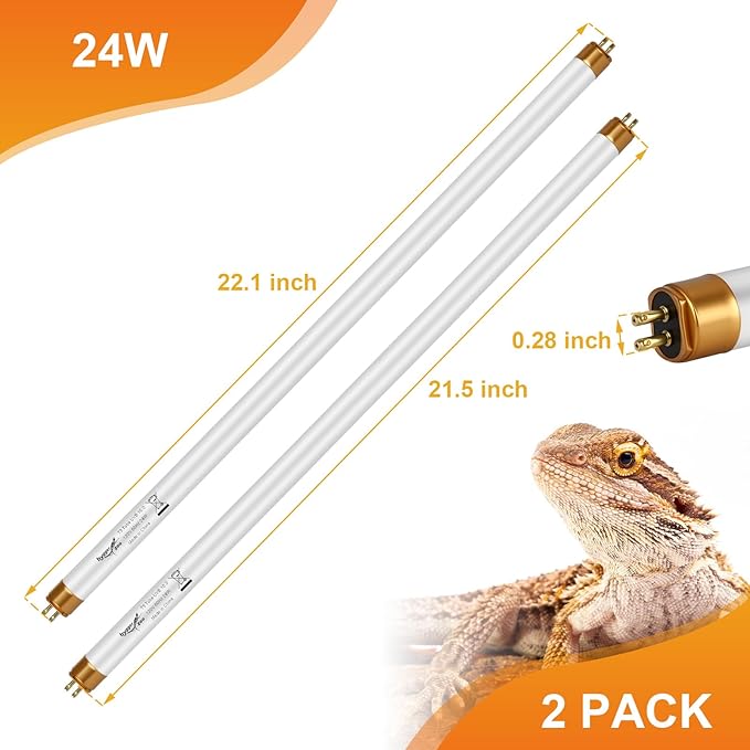 UVB Light for Reptiles Bearded Dragon, 2 Pack T5 UVB Reptile Light UVB Bulb 10.0 24W UVA UVB Reptile Light Bulb Terrarium Light Lamp Tube for Turtle Chameleon Leopard Gecko Snake Tank, 22 Inch
