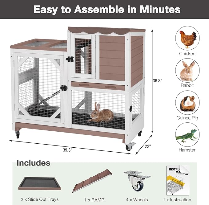 Large Rabbit Hutch Indoor Outdoor, 2-Tier Bunny Hutch with Wheels and Waterproof Roof, Wooden Guinea Pig Cage with Leak-Proof Pull-Out Trays, Multi-Door Bunny Cage for Small Animals