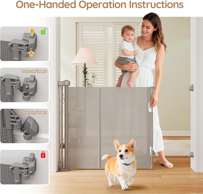 Miumoon One-Hand Operation Retractable Baby Gates, 59 inch Retractable Gate with Reinforced Strip Design to Prevent Crawling Through, 5 FT Retractable Dog Gate for Stairs, Doorways, Hallways
