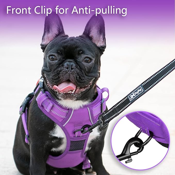 PoyPet No Pull Dog Harness, No Choke Reflective Dog Vest, Adjustable Pet Harnesses with Easy Control Padded Handle for Small Medium Large Dogs(Purple Matching Trim,L)