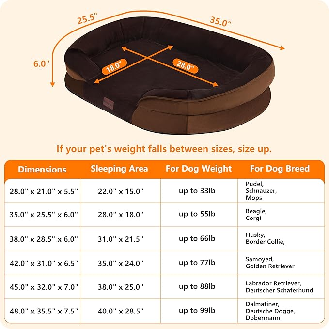 Dwanton Orthopedic Dog Bed for Medium Dogs with Gel Memory Foam, Waterproof Dog Sofa, Washable Pet Bed with Four Sided Bolster Cushion, Removable Cover & Non-Slip Bottom, 36", Brown