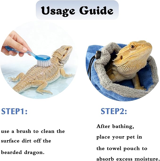 Bearded Dragon Bath Towel Bag with 2Pcs Reptile Bathing Brush, Reptile Bath Tub, Fast Drying Absorbent Lizard Towel for Lizards, Geckos, Guinea Pigs and Hedgehogs