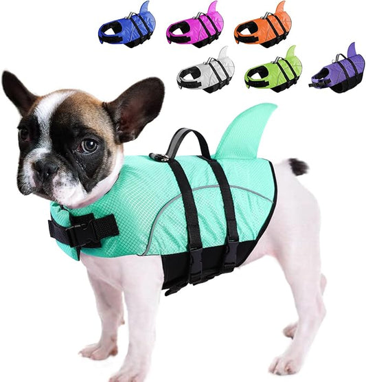 Queenmore Puppy Shark Life Jacket - Dog Life Preserver for Swimming, Boating & Kayaking, High Buoyancy with Strong Rescue Handle & Reflective Light (Light Blue, L)