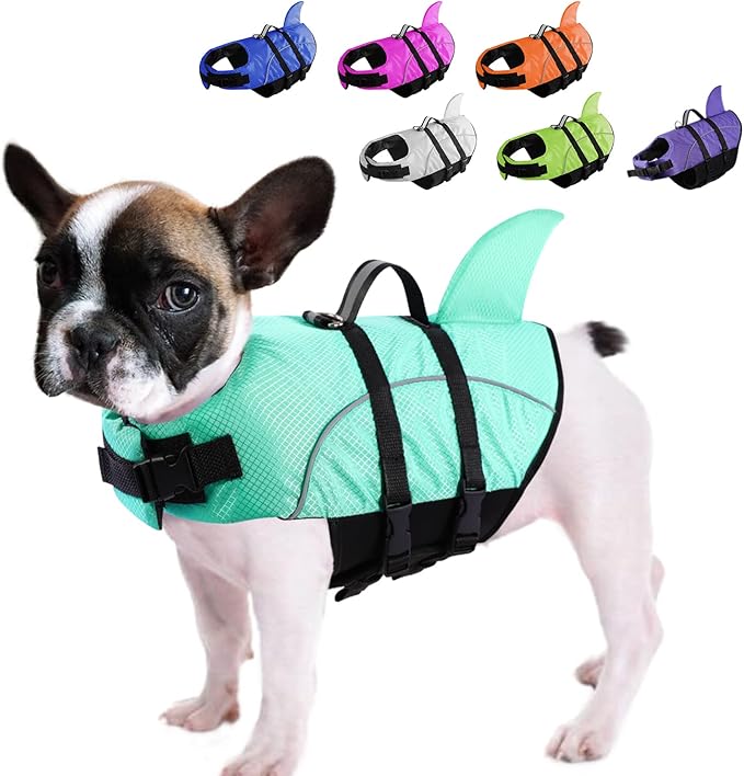 Queenmore Small Dog Shark Life Jacket, Puppy Dog Life Preserver for Swimming, Boating, Kayaking, High Buoyancy with Strong Rescue Handle and Reflective Light, Light Blue, M