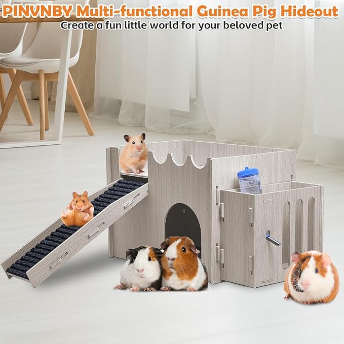 PINVNBY Large Wooden Guinea Pig Hideout with Water and Hay Feeder Ramp Easy to Assemble Wood Bunny Castle Hamster House for Small Animal Chinchilla Rat Rabbit Bunny Hedgehog