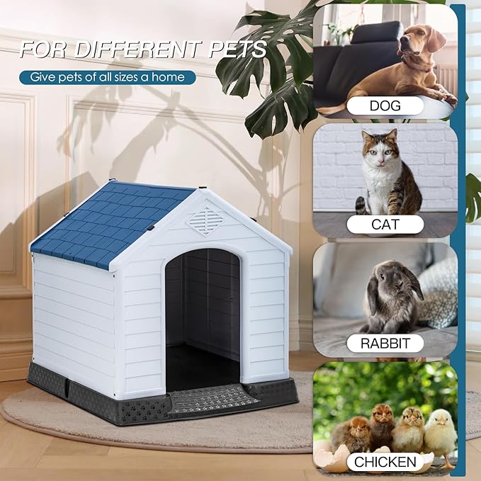 FDW 39-Inch Dog House Indoor Outdoor Durable Ventilate Waterproof Pet Plastic Dog House for Large Dogs Insulated Puppy Shelter Kennel Crate with Air Vents and Elevated Floor,Dark Black