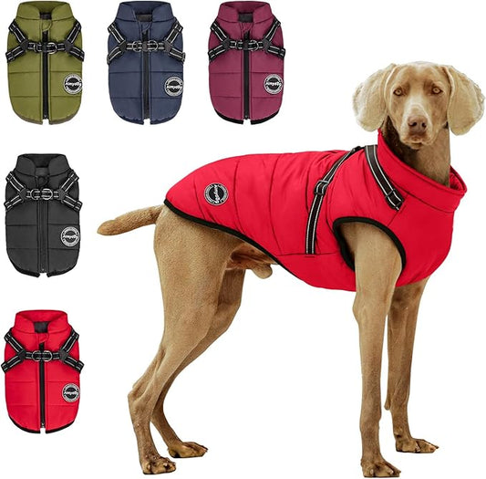 Warm Dog Winter Coat, Cold Weather Jacket with Built-in Harness, Reflective & Adjustable Comfortable Pet Vest, Windproof Apparel for Small Medium Large Dogs (Red)