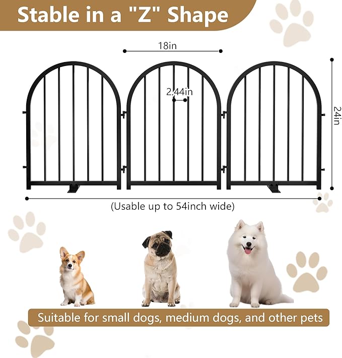 PUPETPO Full Metal Dog Gate for Indoor Outdoor, 24" Tall Free Standing Pet Dog Fence, 54" Wide Arched Pet Gates for Stairs, Hallways, Doorways, Kitchen, Decks, Yards (Black, 3 Panels)
