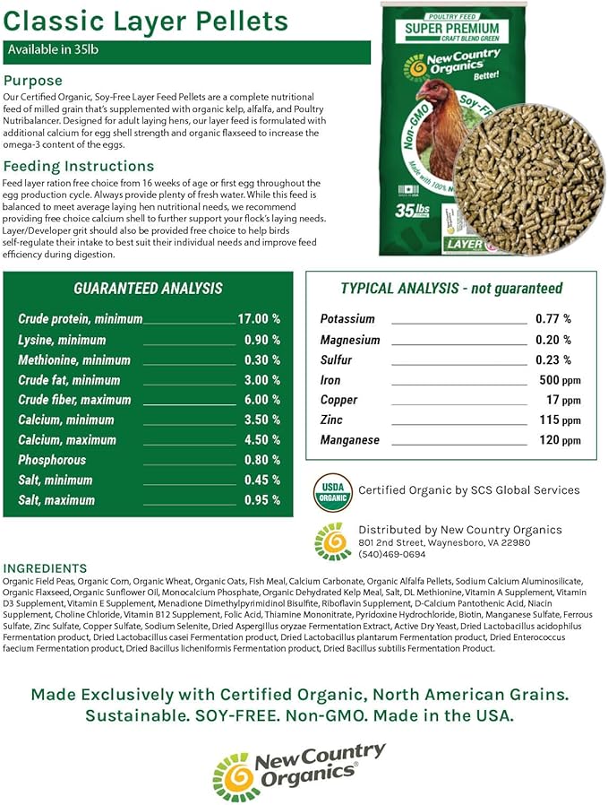 New Country Organics | Layer Pellets for Laying Hens | Soy-Free | 17% Protein | Certified Organic and Non-GMO | 35 lbs