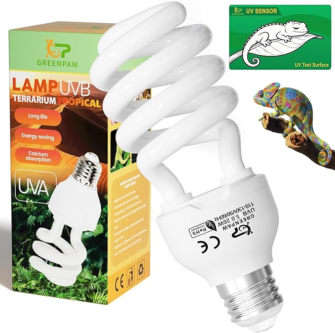 UVB Reptile Light 5.0: 26W Tropical & Subtropical UVA UVB Reptile Light Bulb, UVB Light for Reptiles Compact Fluorescent Terrarium Lamp,UVB Bulb for Chameleon Turtle Gecko Include UV Sensor Card