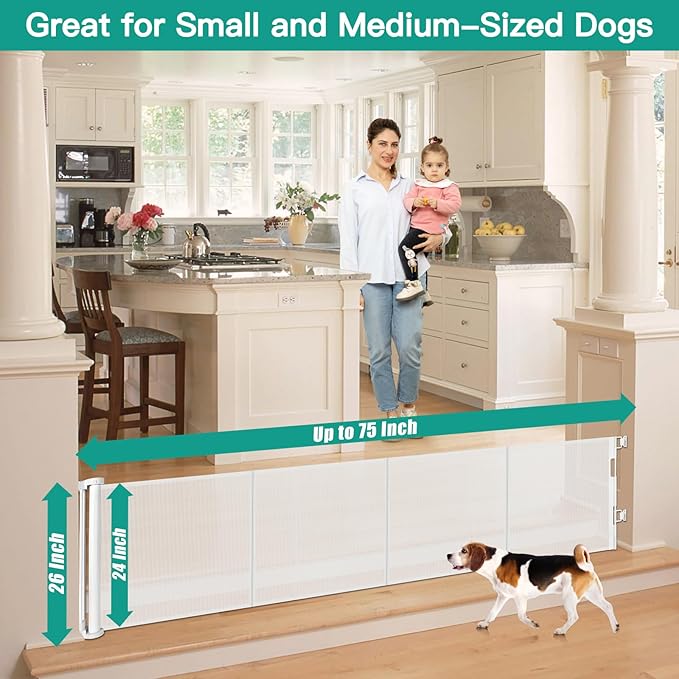 24 Inch Tall x 75 Inch Extra Wide Retractable Dog Gate for The House, Short Dog Gate to Step Over, Reinforced Mesh Puppy Gate for Doorways, Step Over Pet Gate for Stairs, Indoor/Outdoor, White