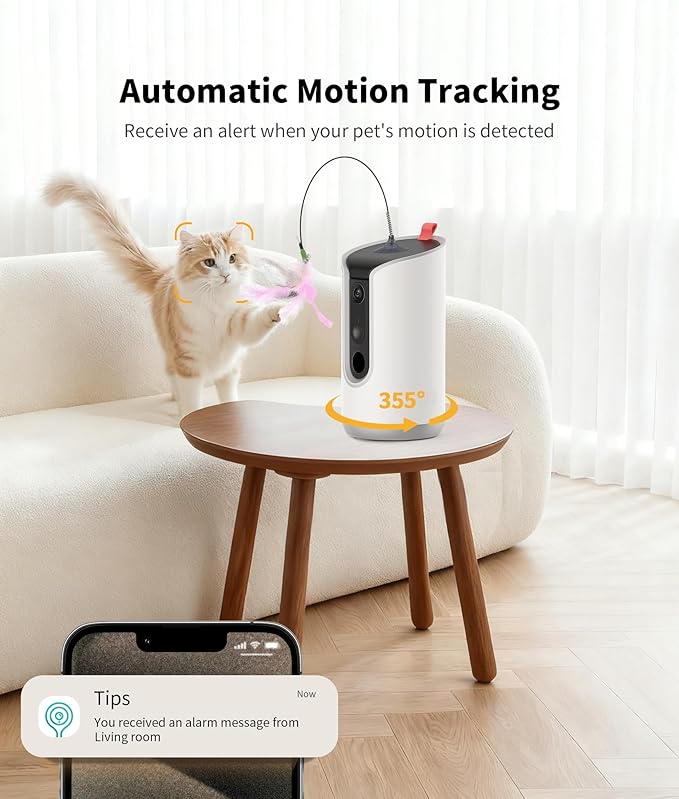 TKENPRO 2K Cat Camera Treat Dispenser, AI Photo Album, Pet Camera with 360° Auto Tracking & 5G/2.4G WiFi, 2-Way Talk, Remote Treat Tossing, Motion Alerts for Dogs Indoor, White