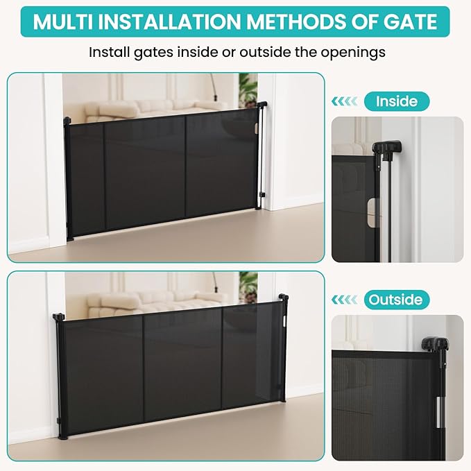 Upgrade Retractable Baby Gates Extra Wide (71" W x 42" H), 71 inch Reinforced Retractable Dog Gate to Prevent Crawling Through, Retractable Gate Outdoor/Indoor, Real One-Handed Operation, Black