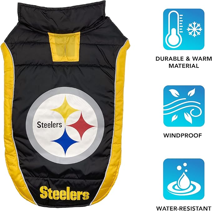 NFL Pittsburgh Steelers Puffer Vest for Dogs & Cats, Size Small. Warm, Cozy, and Waterproof Dog Coat, for Small and Large Dogs/Cats. Best NFL Licensed PET Warming Sports Jacket