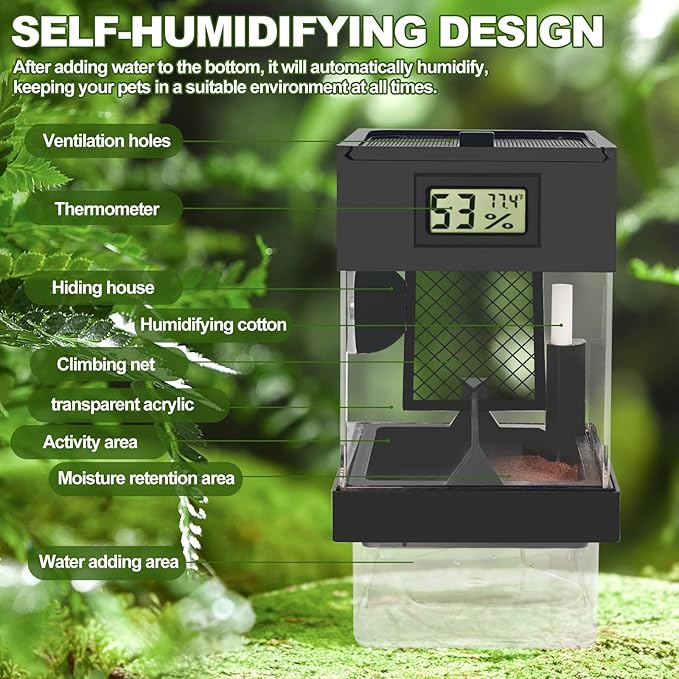 Pre-Assembled Jumping Spider Enclosure,Spider Enclosure with Thermometer and Self-Humidifying Device,Insect Terrarium with All-Side Ventilation, Praying Mantis Habitat,Includes a Hideout.