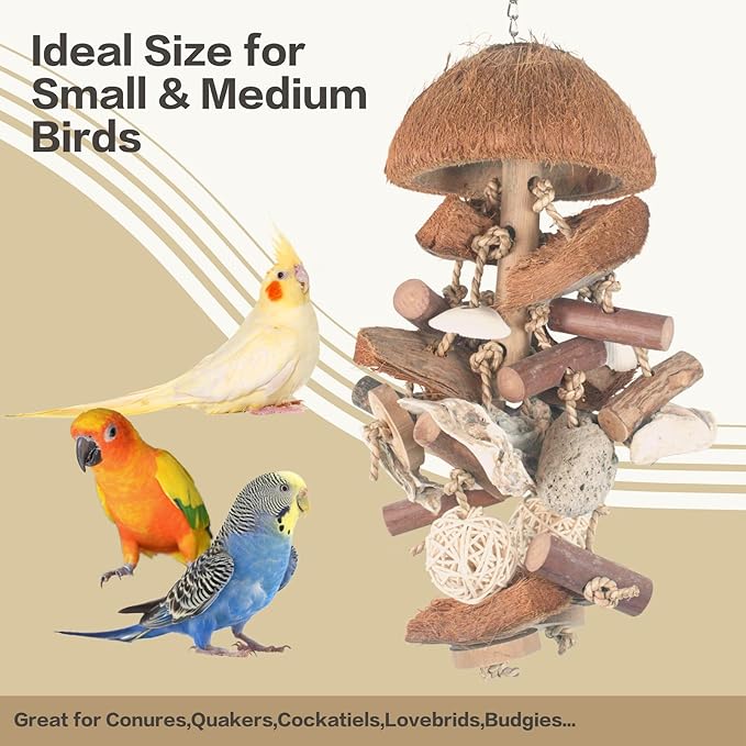 Bird Toys with Natural Coconut Shell - 18in Handmade Hanging Shredding & Foraging Toy with Wood Blocks, Lava Stones, Parrot Toys for Cockatiels, Conures, Parakeets