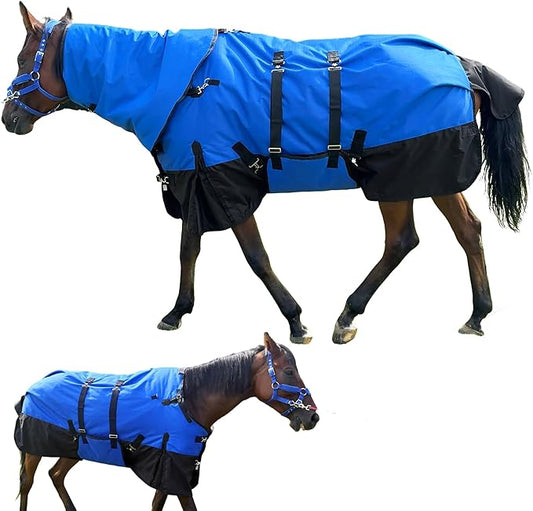 Horse Turnout Blanket, Heavy Weight Horses Blanket with 300g Poly Filling, Neck Cover & Belly Wrap, 1680D Waterproof Winter Blankets for Horses (Blue, US72 in(EU 135 cm))