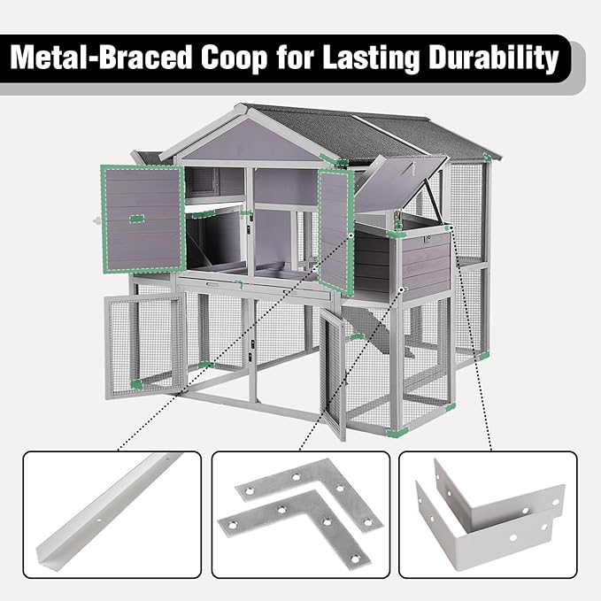 Super Large Chicken Coop - Outdoor Chicken Tractor with 2 Large Nesting Box, Wooden Hen House with Waterproof Asphalt Roof, Poultry Cage with Leakproof Pull-on Tray