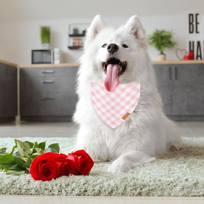FYSUIMU 2Pcs Spring Summer Pink Plaid Dog Bandanas Valentine's Triangle Pet Scarf Adjustable Puppy Neckerchief Dog Bib for Medium Large Cat Costume Accessories