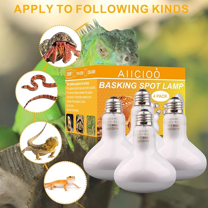 Aiicioo Reptile Basking Light Bulb - 150 Watt Heat Light Bulb 4 Pack for Reptile Heat Lamp Bulb for Bearded Dragon Lizard Turtle Tortoise Daylight Basking