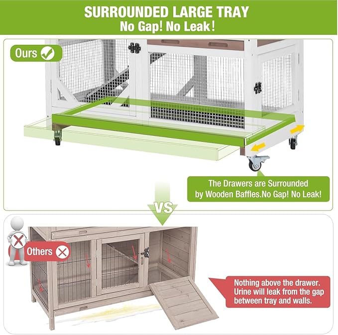 GUTINNEEN Rabbit Hutch Indoor Rabbit Cage with Wheels Outdoor Bunny House 2 Story Guinea Pig Cage with Leakproof Tarp Roof (Brown)