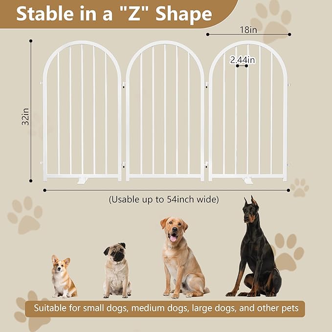 PUPETPO Full Metal Dog Gate for Indoor Outdoor, 32" Tall Free Standing Pet Dog Fence, 54" Wide Arched Pet Gates for Stairs, Hallways, Doorways, Kitchen, Decks, Yards (White, 3 Panels)