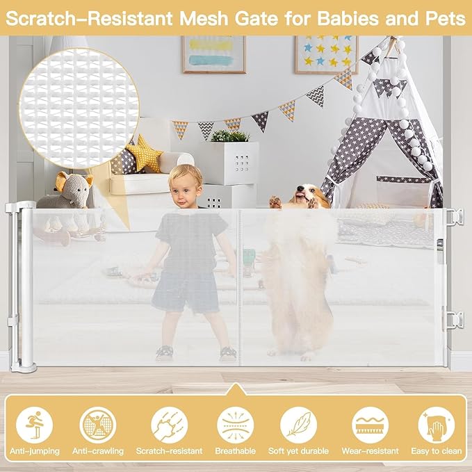 Reinforced 28 Inch Tall Retractable Baby Gates for Dogs, Easy Step Over Pet Gate with Support Rods, 55" Wide Retractable Dog Gate, Puppy Gates for The House Short Dog Gate for Stairs, Doorways, White