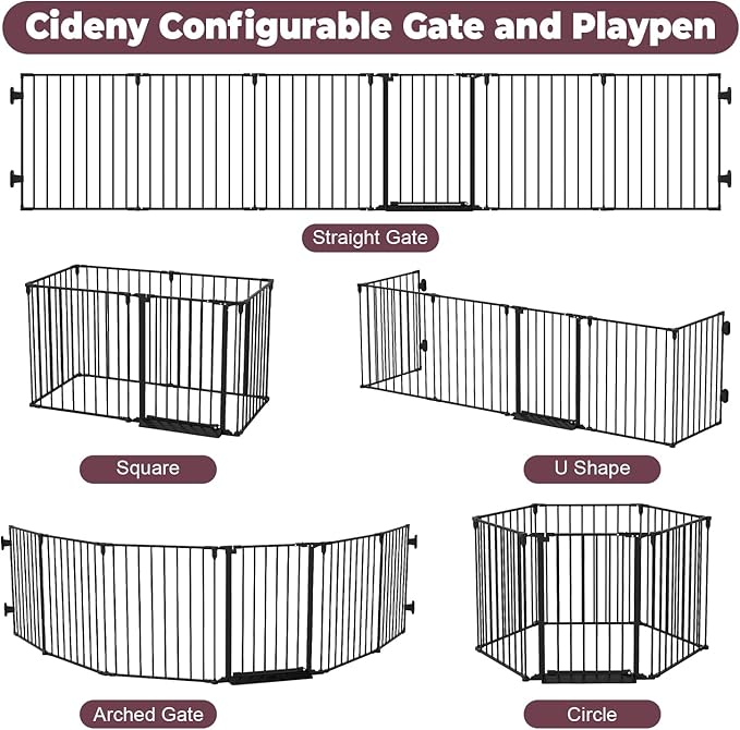 144" Extra Wide Baby Gate with Door, Configurable 6 Panels Baby Fence, Fireplace Gate with Anti-Trip Pedal, Family Essentials Safety Gate for Child Dogs Pets, 28'' Tall Black