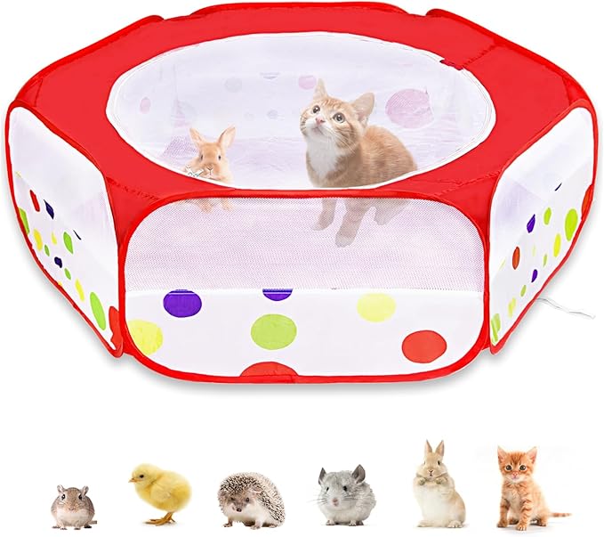 Small Animal Playpen with Cover, Portable Pop Up Pet Enclosure for Rabbits, Guinea Pigs, Hamsters, Chinchillas, Ferrets & Kittens, Indoor Outdoor Waterproof Play Pen, Cage Tent & Chick Brooder Box