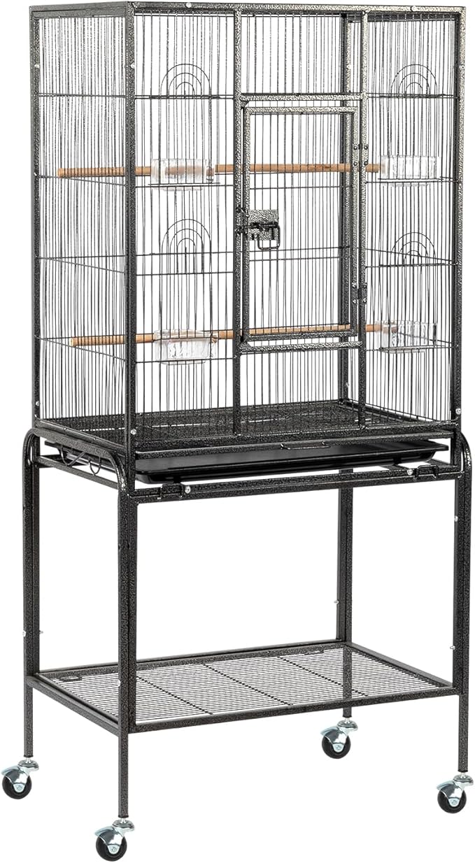 53 Inch Wrought Iron Large Bird Cage,53" Large Flight Bird Cage with Rolling Stand & Storage Shelf for Parrots Lovebird Cockatiel Parakeets, Black