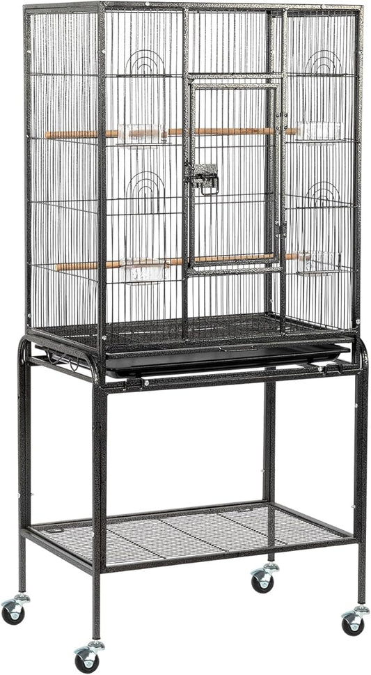 53 Inch Wrought Iron Large Bird Cage,53" Large Flight Bird Cage with Rolling Stand & Storage Shelf for Parrots Lovebird Cockatiel Parakeets, Black