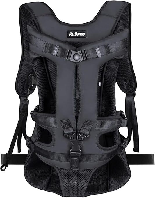 PetBonus Pet Front Dog Carrier Backpacks, Adjustable Pet Backpack, Legs Out Easy-fit Puppy Chest Carrier for Medium Small Dogs, Hands Free for Hiking, Cycling (Black, XL)
