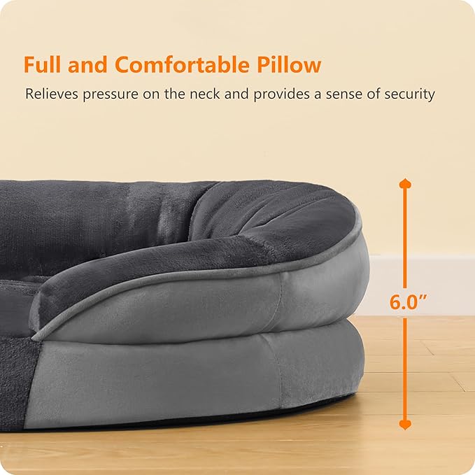 Dwanton Orthopedic Dog Bed for Medium Dogs with Gel Memory Foam, Waterproof Dog Sofa, Washable Pet Bed with Four Sided Bolster Cushion, Removable Cover & Non-Slip Bottom, 36", Dark Gray
