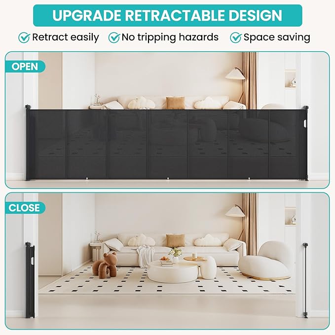Upgrade Retractable Baby Gates Extra Wide (200" W x 42" H), 200 inch Reinforced Retractable Dog Gate to Prevent Crawling Through, Retractable Gate Outdoor/Indoor, Real One-Handed Operation, Black
