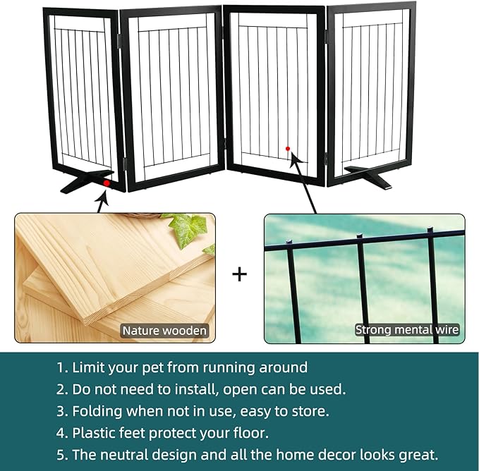 ZJSF Freestanding Dog Gate Indoor, Foldable Dog Fence for Doorways,Hallways or Stairs, Sturdy Wood Extra Wide Pet Gate with Support Feet,Black,32 "Height-4 Panels