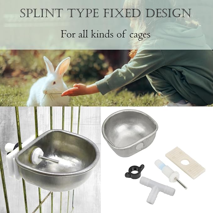 10Pcs Rabbit Stainless Pet Water Bowl Dispenser, Automatic Rabbit Water Feeder with Bowl, Rabbit Watering System Kit, Removable Hanging Pet Cage Water Bowls