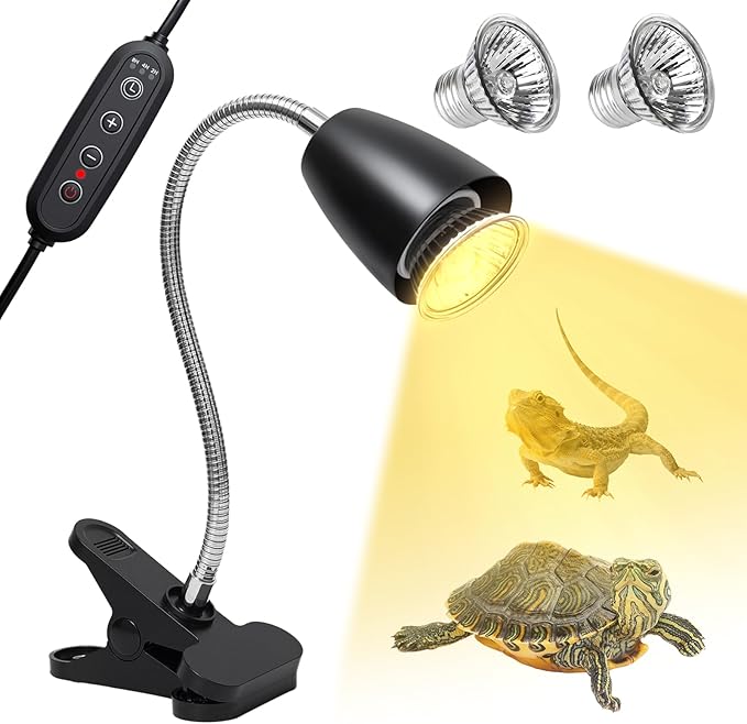 Reptile Heat Lamp with 2Pcs 50W UVA UVB Bulb, Turtle Heater Light with 360 Rotatable Basking Light with Clamp and Cycle Timer for Turtle Lizard Snake Amphibians