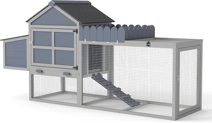 COZIWOW Outdoor Chicken Coop, Wooden Hen House with Nesting Box, Run, Resting Room, Ramp, Pull-Out Tray, Weatherproof, Patio Garden Pen Hutch for Ducks Poultry Pets, Easy to Clean, Gray (Plant Fence)