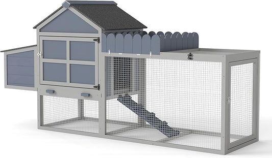 COZIWOW Outdoor Chicken Coop, Wooden Hen House with Nesting Box, Run, Resting Room, Ramp, Pull-Out Tray, Weatherproof, Patio Garden Pen Hutch for Ducks Poultry Pets, Easy to Clean, Gray (Plant Fence)