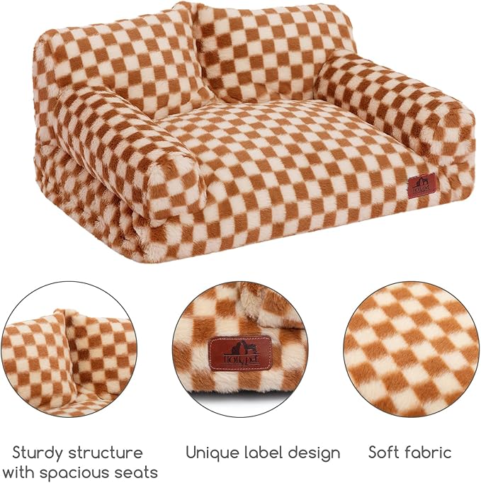 Hollypet Fluffy Dog Cat Bed Pet Couch Beds Plush Soft Warming Washable Puppy Bed for Small Medium Dogs and Large Cats, Brown and Light Yellow, 24" L x 18" W x 10" Th