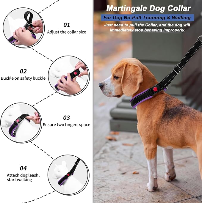 Martingale No Pull Dog Collar - Heavy Duty Nylon with Buckle, Adjustable Anti Pull Reflective Slip for Large Medium Small Dog Training Walking L Purple