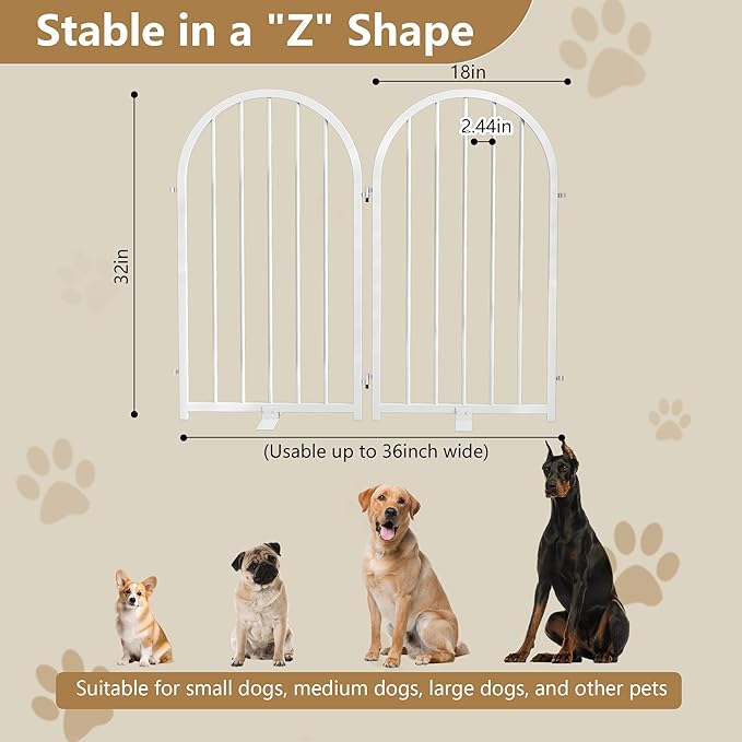 PUPETPO Full Metal Dog Gate for Indoor Outdoor, 32" Tall Free Standing Pet Dog Fence, 36" Wide Arched Pet Gates for Stairs, Hallways, Doorways, Kitchen, Decks, Yards (White, 2 Panels)