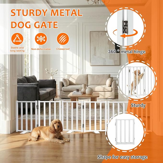 Snagle Paw Short Dog Gate,16.5" Tall Freestanding Metal Dog Gate Only for Small Dogs with Support Feet Easily Step Over,Up to 72" Wide Puppy Gate Indoor for Stairs,Doorways(White,6 Panel)