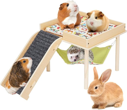 Guinea Pig Hammock with Ramp, Wooden Guinea Pig Hideout Toys with Platform, Guinea Accessories Castle with Soft Mat & Stairs for Cage Small Animals Hamsters Chinchilla Hedgehog Rat Ferret Bunny