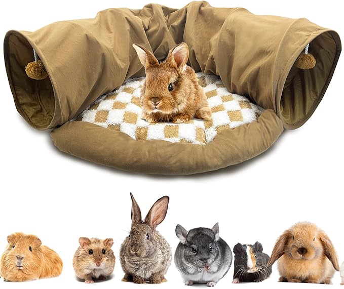 PINVNBY Large Bunny Tunnel Bed Removable and Cozy Guinea Pig Hideout Tunnel Washable Small Animal Tunnels Tube Toys Guinea Pig Accessories for Rabbit Chinchilla Hedgehog Ferret (Khaki)