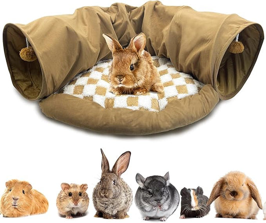 PINVNBY Large Bunny Tunnel Bed Removable and Cozy Guinea Pig Hideout Tunnel Washable Small Animal Tunnels Tube Toys Guinea Pig Accessories for Rabbit Chinchilla Hedgehog Ferret (Khaki)