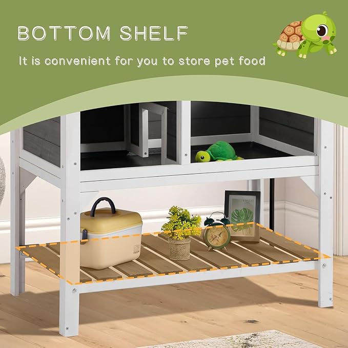 TITIMO Tortoise Habitat with Lamp Holder and Storage Shelf, Tortoise Enclosure Indoor Outdoor with Detachable Legs, Wooden Turtle House Reptile Cage with Tray for Small Animals