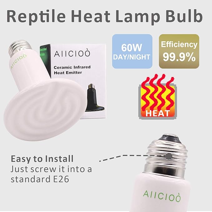 Aiicioo Reptile Heat Lamp Bulb -60W Ceramic Heat Emitter No Harm No Light Infrared Heater Lamp for Chicken Coop Lizard Aquarium Snake Outside Dogs Brooder 110V,White